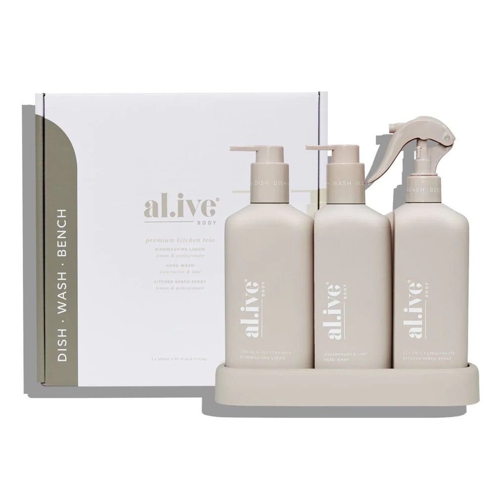 Al.ive DISHWASHING LIQUID, HAND WASH & BENCH SPRAY + TRAY, PREMIUM KITCHEN TRIO