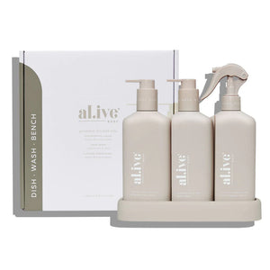 Al.ive DISHWASHING LIQUID, HAND WASH & BENCH SPRAY + TRAY, PREMIUM KITCHEN TRIO